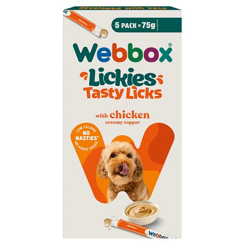 Webbox Dog Lickies, Chicken Creamy, 5x15g, case 17 pack shot