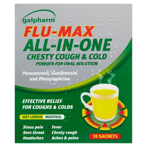 Galpharm Flu Max All In One Chesty Cough & Cold Sachets Lemon & Menthol 10's pack shot