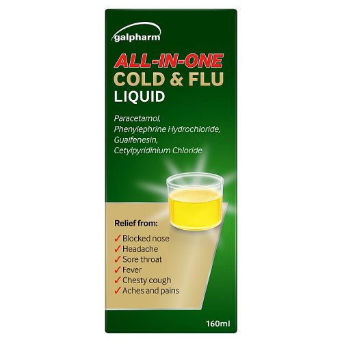 Galpharm All In One Cold & Flu Liquid 160ml pack shot