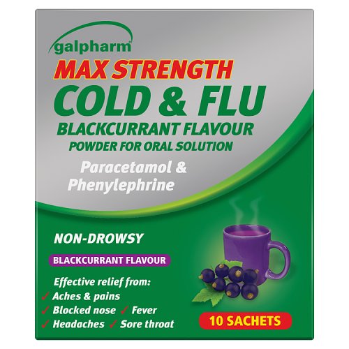 Galpharm Flu Max All In One Chesty Cough & Cold Sachets Blackcurrant 10's pack shot