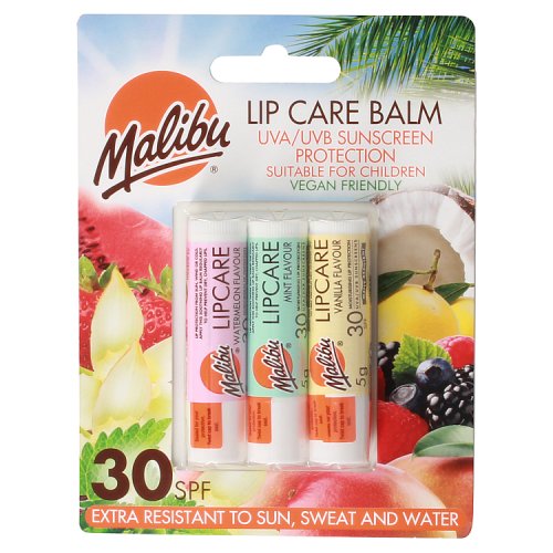 Malibu SPF 30 Lip Balm Assorted Flavours 3 Pack (Watermelon/Mint/Vanilla) (New Look Cp) pack shot
