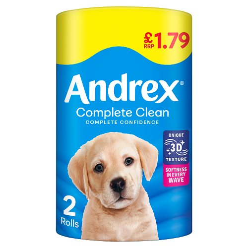 Andrex Toilet Tissue Complete Clean 2s (2 x 190 Sheets) PMP pack shot