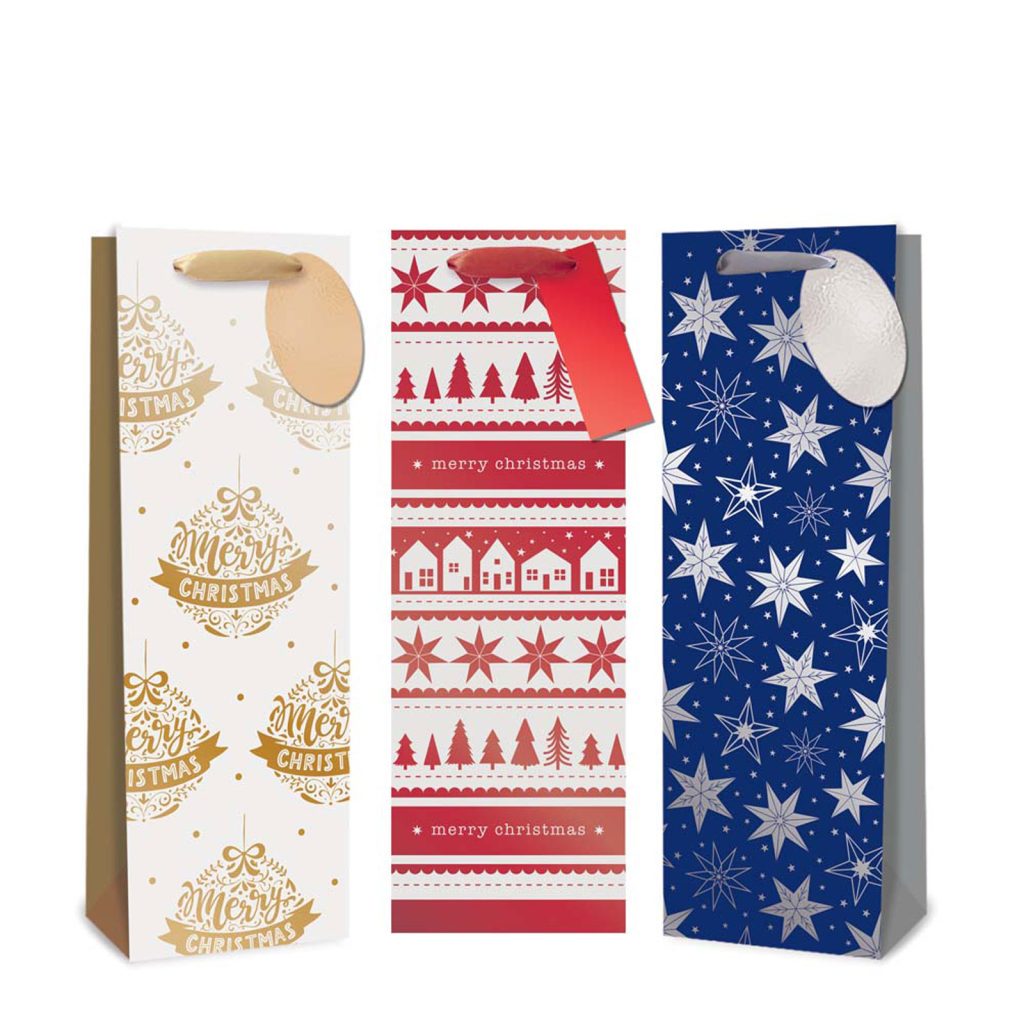 Festive Wonderland Assorted White Red & Navy Christmas Bottle Bag 1s pack shot