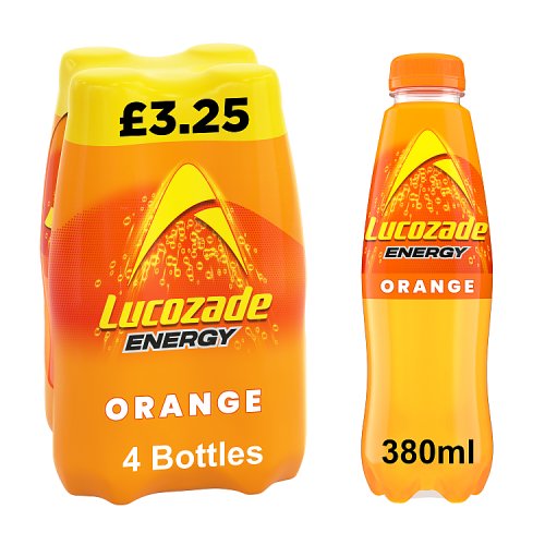 Lucozade Energy Orange PM £3.25 4pk (4 x 380ml) pack shot