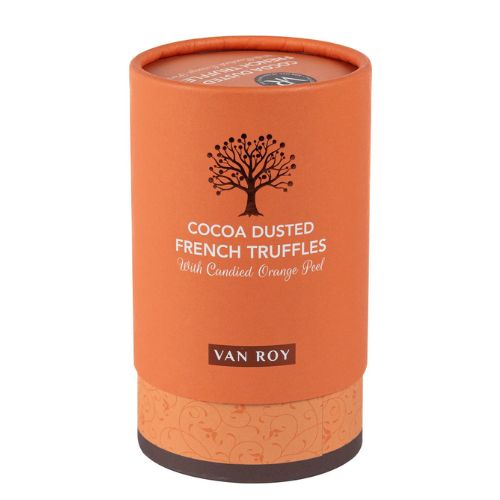 Van Roy Cocoa Truffles With Candied Orange Peel In Rigid Tube 150g pack shot