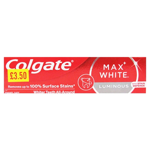 Colgate Toothpaste Max White Luminous 75ml PMP pack shot