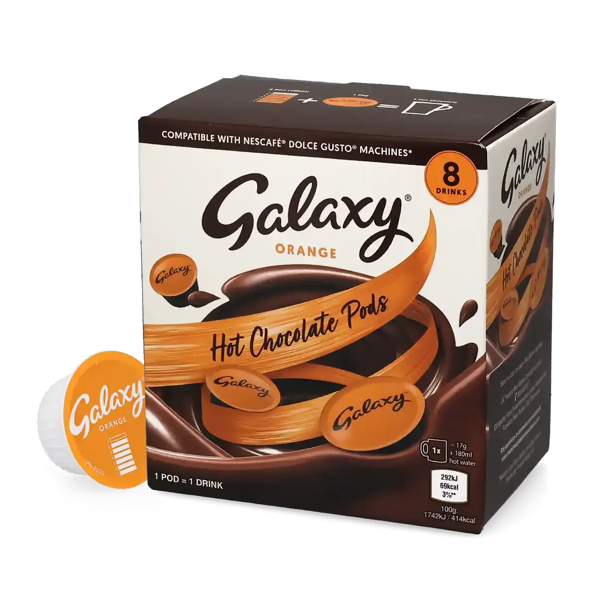 Galaxy Orange Hot Chocolate Pods (8 x 17g) 136g pack shot