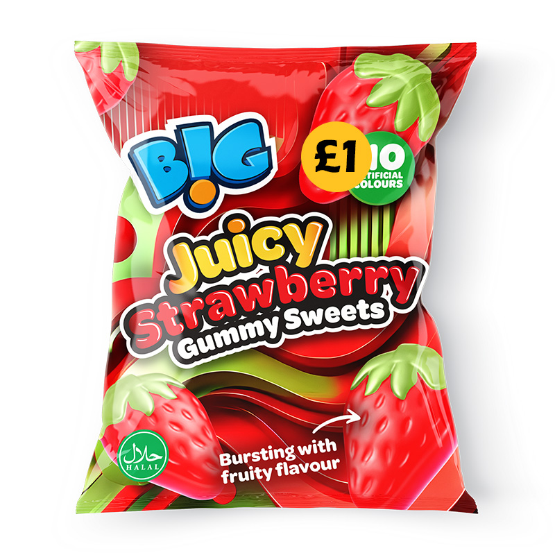 B!G Juicy Strawberry £1 150g PMP pack shot