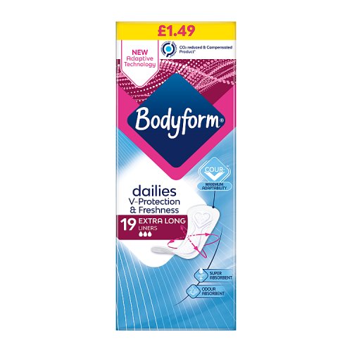 Bodyform Dailies Panty Liners Extra Long PMP £1.49 19's pack shot