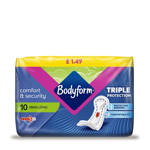 Bodyform Maxi Sanitary Towels Long PMP £1.49 10's pack shot