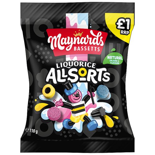Maynards Bassetts Liquorice Allsorts Candy PM £1 110g pack shot