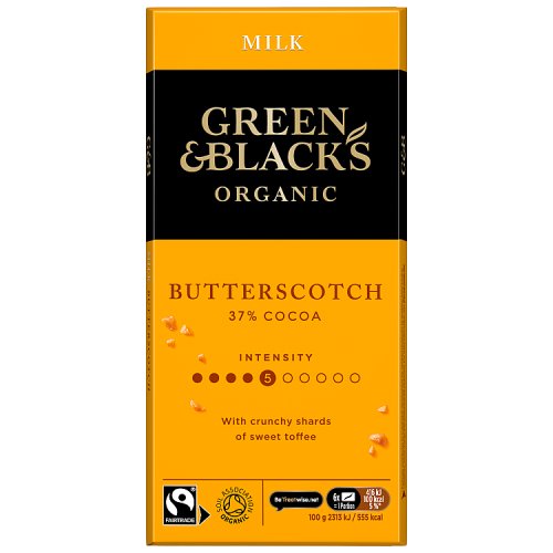 Green & Blacks Organic Butterscotch Milk Chocolate Bar 90g pack shot