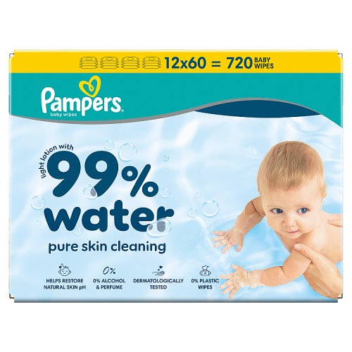 Pampers Aqua Baby Wipes 99% Water 1x(12x60ct) pack shot