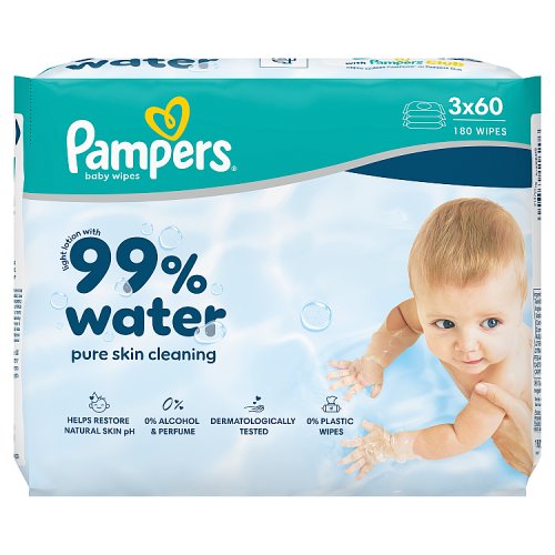 Pampers Aqua Baby Wipes 99% Water 6x(3x60ct) pack shot