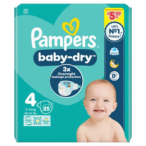Pampers Baby Dry Taped Size 4 Carry Pack 25s PMP £5.99 pack shot
