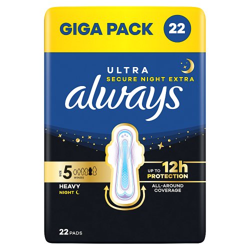 Always Ultra Sanitary Towels Size 5 Secure Night Extra Wings 22pc pack shot
