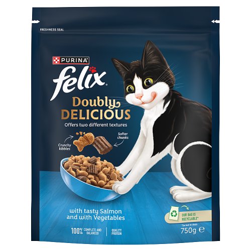 Felix Doubly Delicious Salmon Vegetables Dry Cat Food 750g pack shot