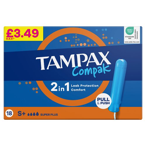 Tampax Compak Super Plus 18ct PMP 3.49 pack shot