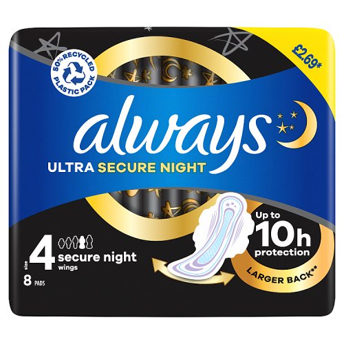 Always Ultra Pads Secure Night (Size 4) Single Pack PMP 8ctx6 pack shot