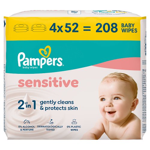 Pampers Baby Wipes Sensitive 3x(4x52s) Plastic Free pack shot
