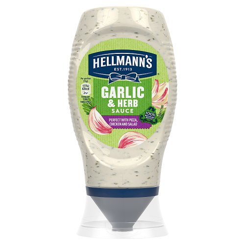 Hellmanns Squeezy Garlic & Herb 8x250ml pack shot