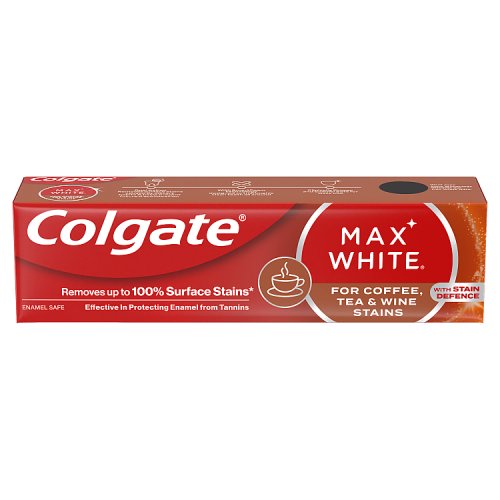 Colgate Toothpaste Max White Tea, Coffee & Wine Stains 12x75ml pack shot