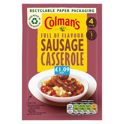 Colmans Sauce Mix Sausage Cassarole 10x39g PMP £1.09 pack shot