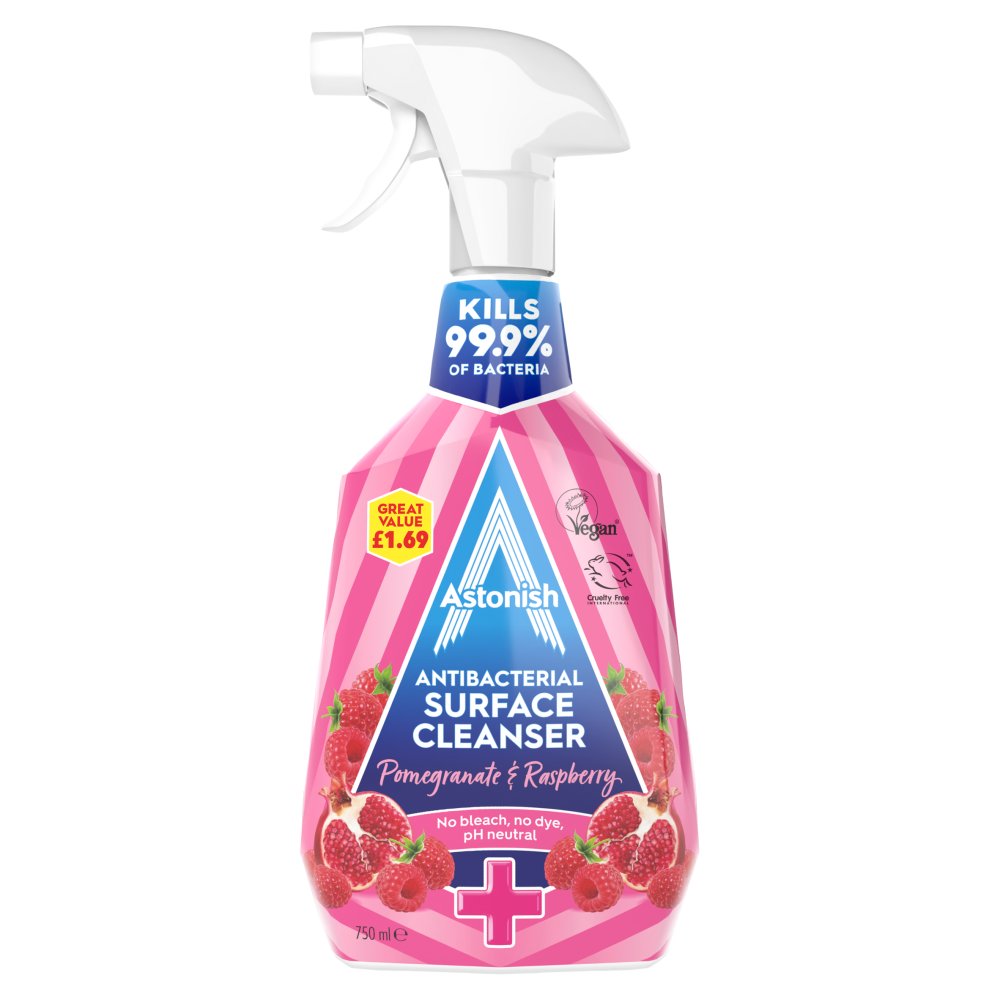 Astonish Antibacterial Surface Clean Spray Pomegranate & Raspberry 6pk (6 x 750ml) PMP pack shot